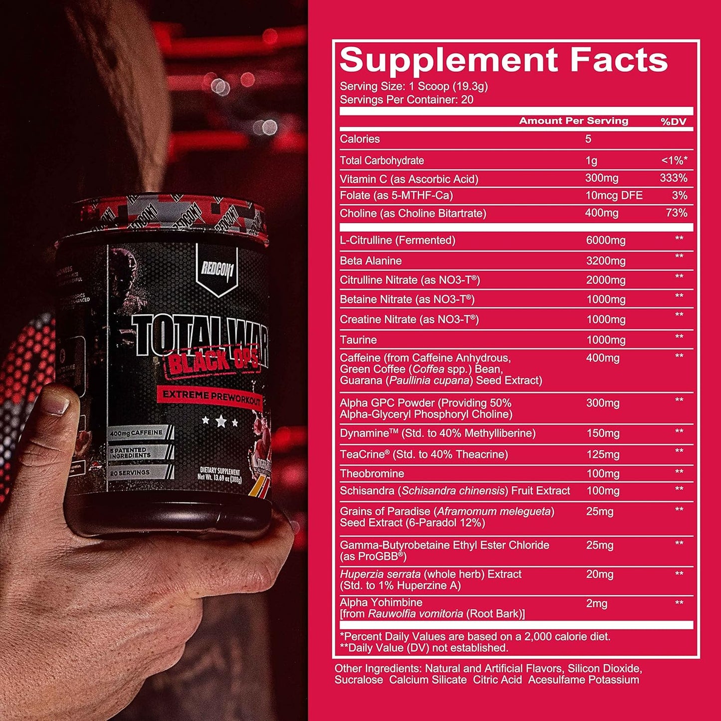 REDCON1 Total War Black Ops Preworkout Powder - Tigers Blood Flavor, High Stimulant with 400mg Caffeine, NO3-T Nitrates, L-Citrulline for Blood Flow and Muscle Pumps - 20 Servings