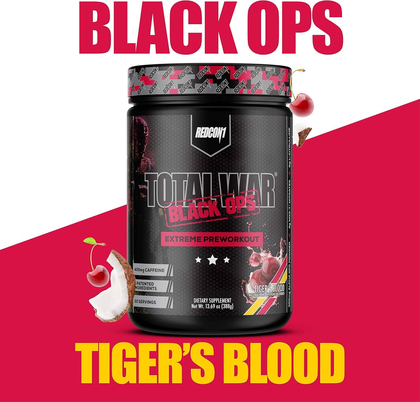 REDCON1 Total War Black Ops Preworkout Powder - Tigers Blood Flavor, High Stimulant with 400mg Caffeine, NO3-T Nitrates, L-Citrulline for Blood Flow and Muscle Pumps - 20 Servings