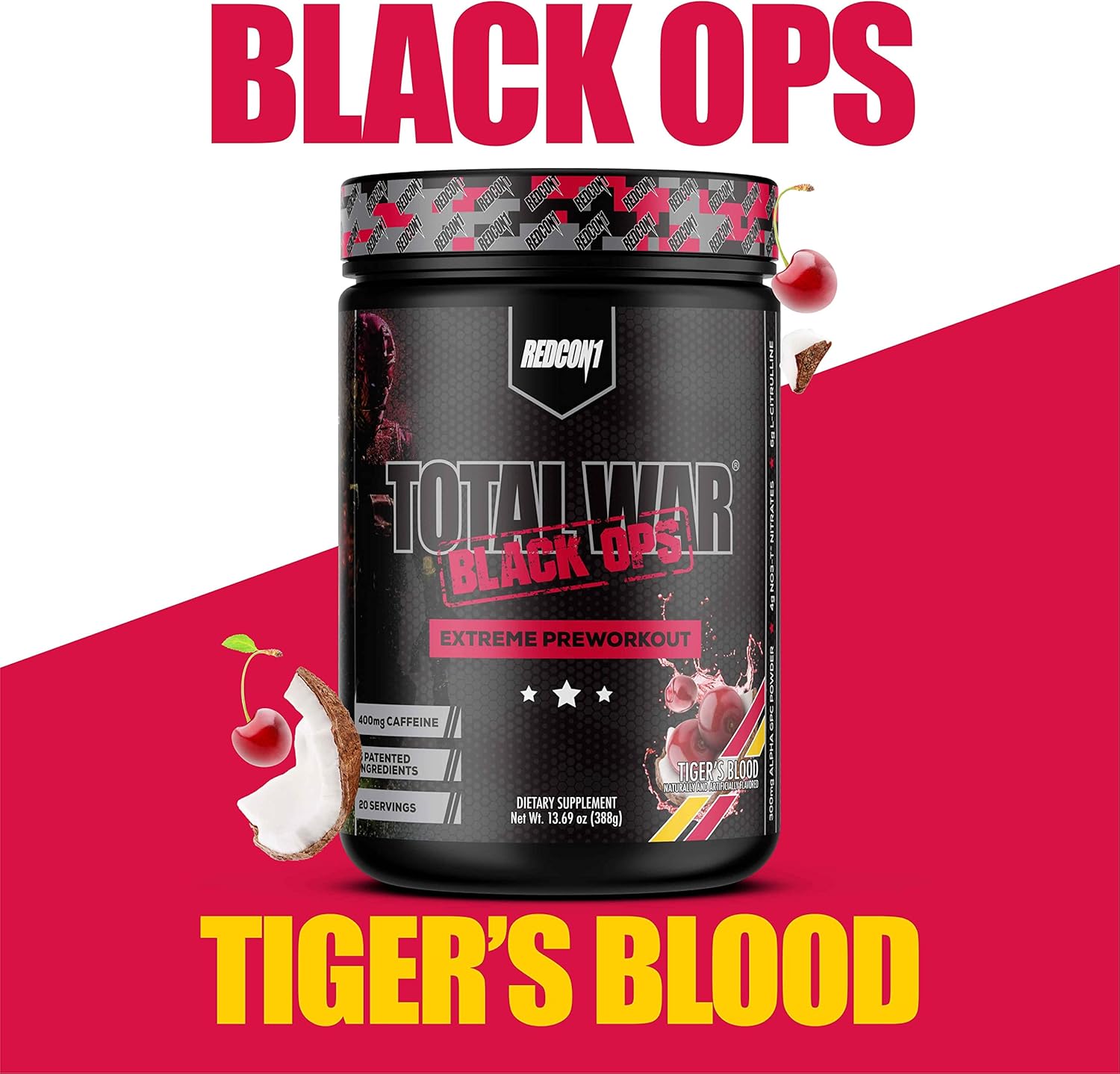 REDCON1 Total War Black Ops Preworkout Powder - Tigers Blood Flavor, High Stimulant with 400mg Caffeine, NO3-T Nitrates, L-Citrulline for Blood Flow and Muscle Pumps - 20 Servings