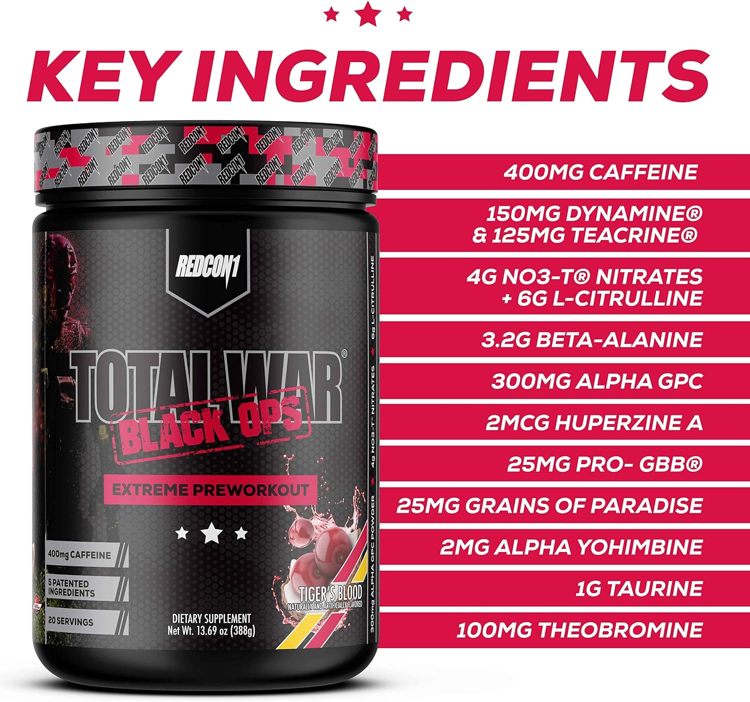 REDCON1 Total War Black Ops Preworkout Powder - Tigers Blood Flavor, High Stimulant with 400mg Caffeine, NO3-T Nitrates, L-Citrulline for Blood Flow and Muscle Pumps - 20 Servings