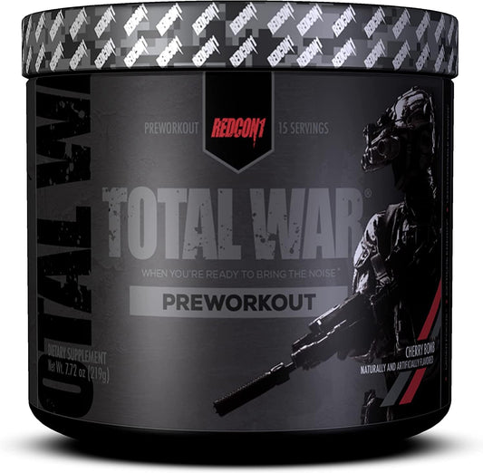 REDCON1 Total War Pre Workout Powder - Cherry Bomb Flavor 15 Servings - Boost Endurance & Alertness with Citrulline Malate & Beta Alanine - Fast Acting Caffeinated Preworkout for Men & Women