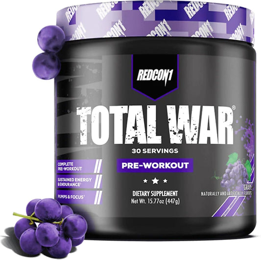 Redcon1 Total War Pre Workout Powder - Grape Flavor with Beta Alanine - Caffeinated Preworkout for Men and Women - Enhanced Pump and Blood Flow - 30 Servings