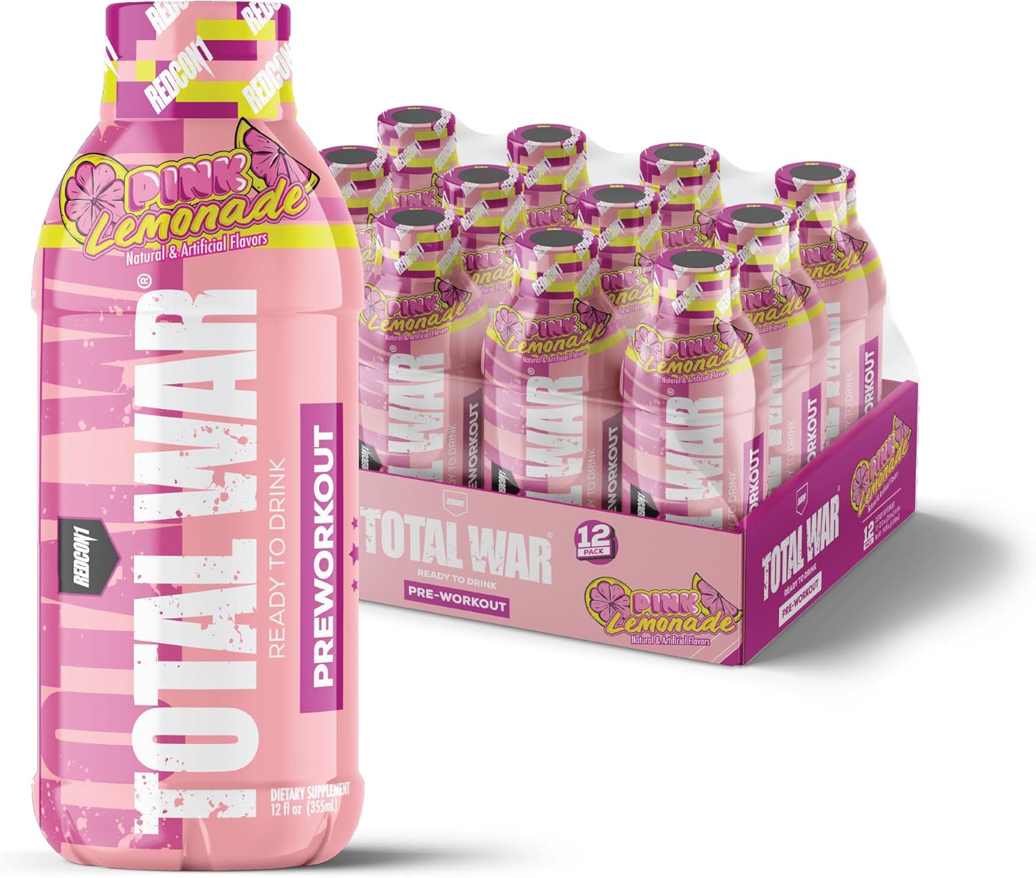 REDCON1 Total War RTD Preworkout, Pink Lemonade - 350mg Caffeine, Beta Alanine + Citrulline Malate - Keto Friendly Workout Drink - 12 Servings