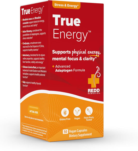 Redd Remedies True Energy Supplement - 50 Vegan Capsules for Energy Production and Stamina