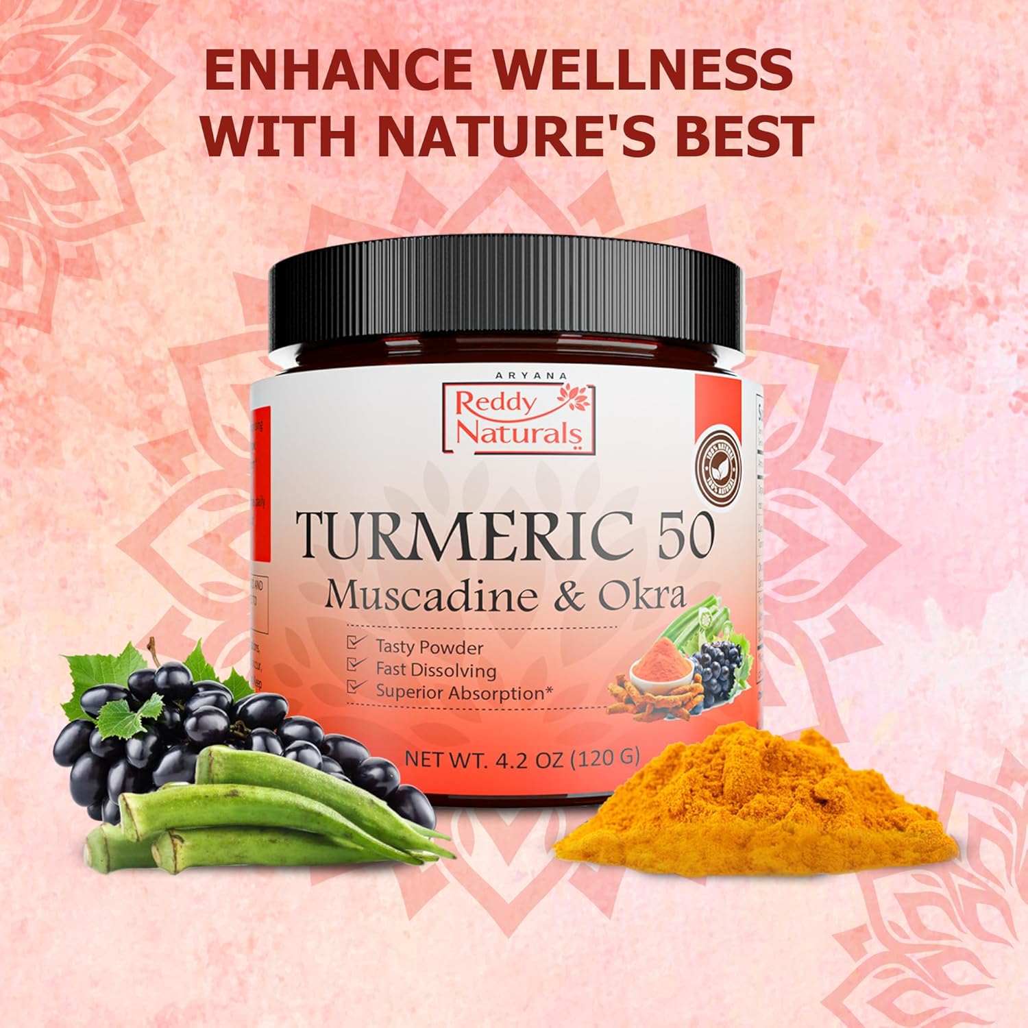 Reddy Naturals Aryana Turmeric 50 Powder Supplement with Muscadine & Okra - Joint & Digestive Health Support - Fast-Dissolving Formula - Non-GMO, Gluten-Free - 4.2 OZ (120 G)