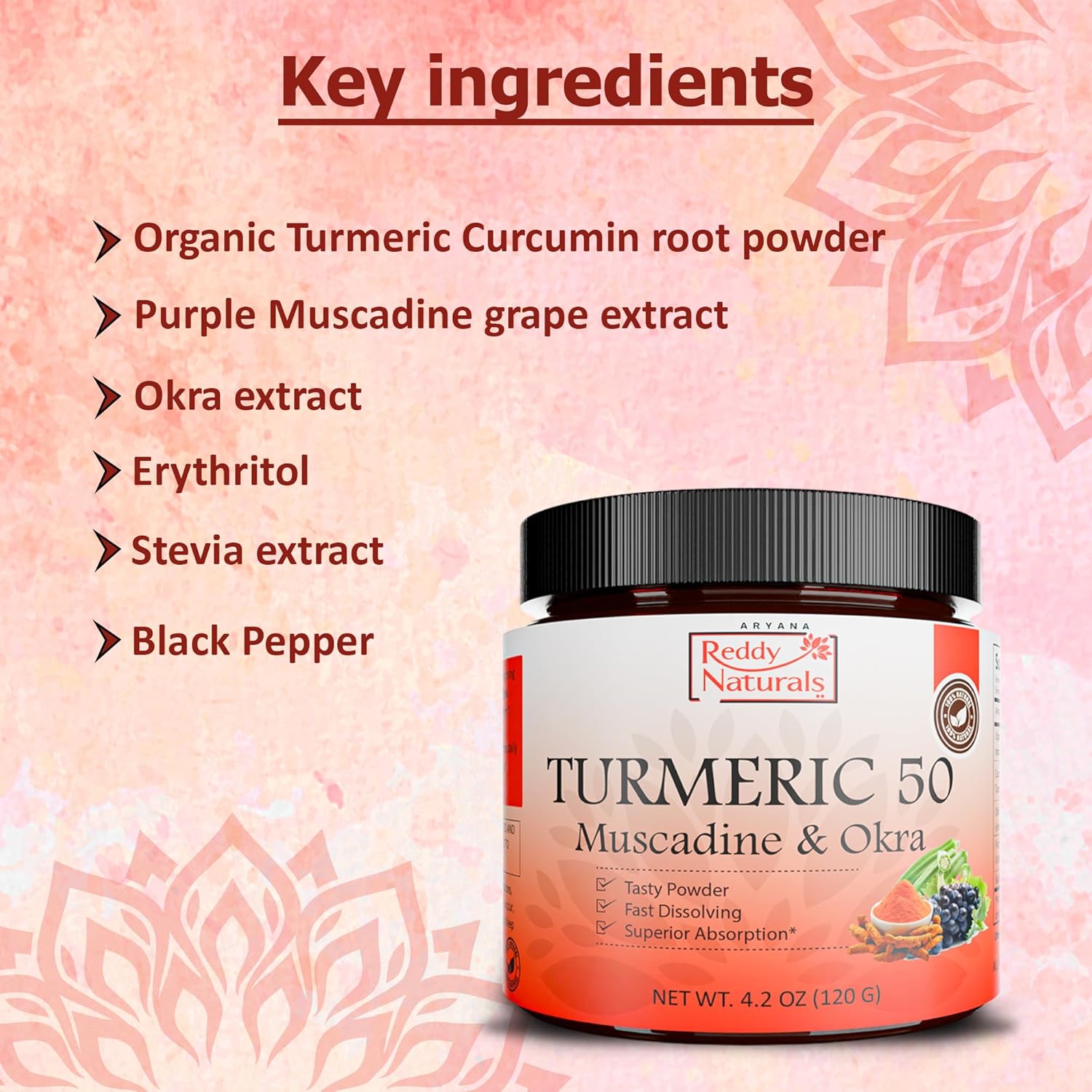 Reddy Naturals Aryana Turmeric 50 Powder Supplement with Muscadine & Okra - Joint & Digestive Health Support - Fast-Dissolving Formula - Non-GMO, Gluten-Free - 4.2 OZ (120 G)