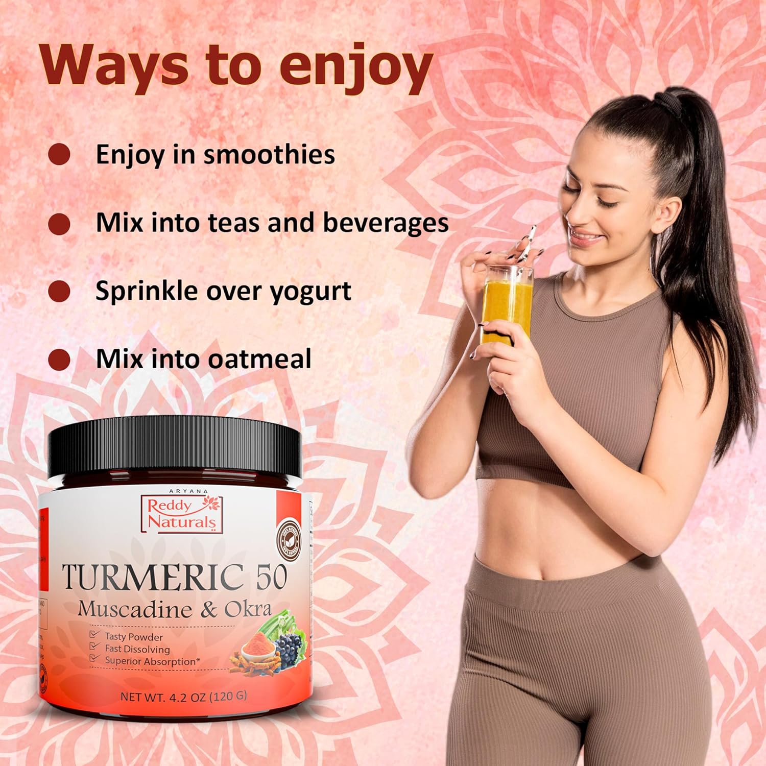 Reddy Naturals Aryana Turmeric 50 Powder Supplement with Muscadine & Okra - Joint & Digestive Health Support - Fast-Dissolving Formula - Non-GMO, Gluten-Free - 4.2 OZ (120 G)