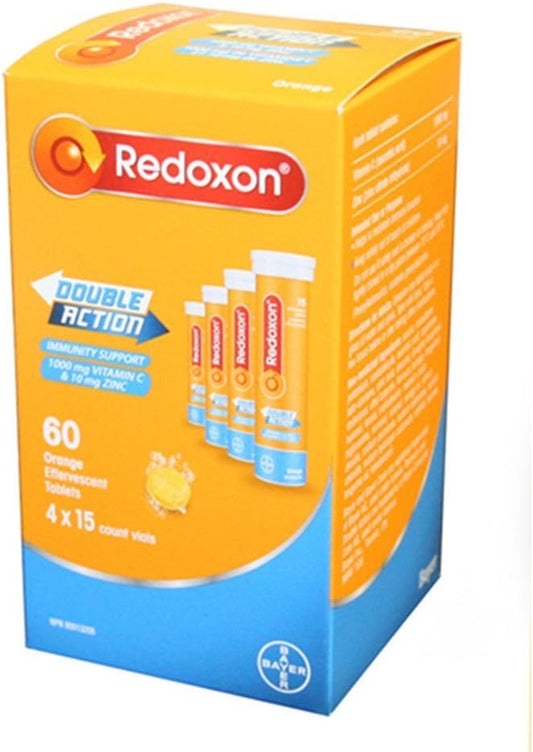 Redoxon Double Action Orange Effervescent Tablets - 1000mg Vitamin C & 10mg Zinc - 4 Packs of 15 Vials