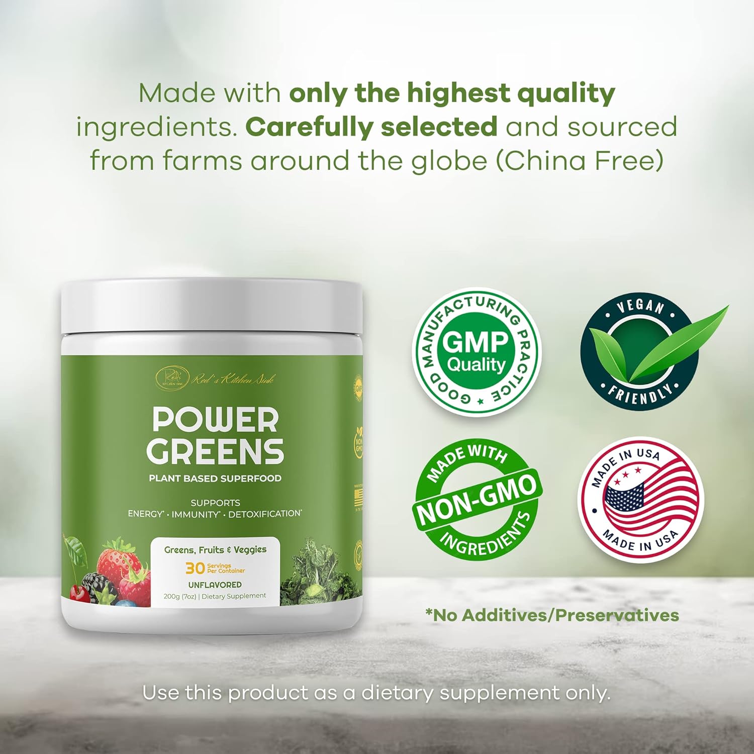 Red's Kitchen Sink Daily Greens Superfood Powder with Maca Root, Spirulina, Chlorella - Fruity, Veggie, & Leafy Greens Mix (200g)