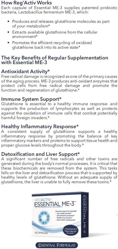 Reg'Activ Essential ME-3 Probiotic Capsules - Glutathione Production & Absorption in Intestines - 30 Count