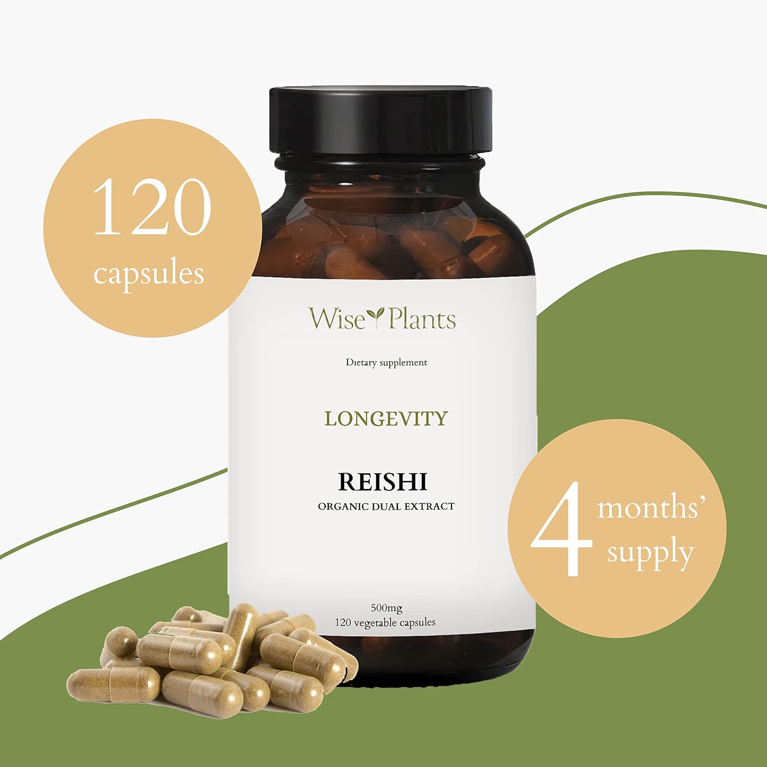 Reishi Mushroom Supplement, 500mg, 120 Vegecaps - Pure Fruiting Body Extract with 30% Polysaccharides for Immune and Liver Health