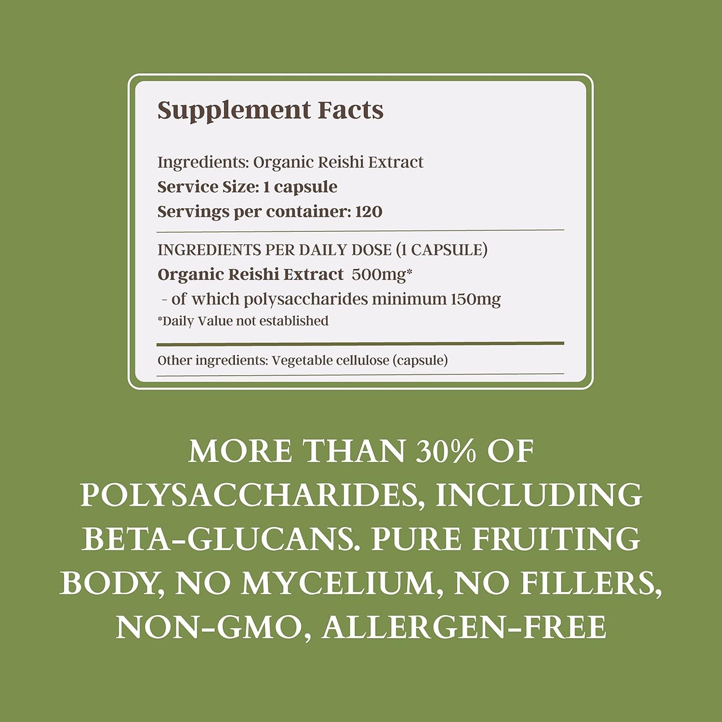 Reishi Mushroom Supplement, 500mg, 120 Vegecaps - Pure Fruiting Body Extract with 30% Polysaccharides for Immune and Liver Health