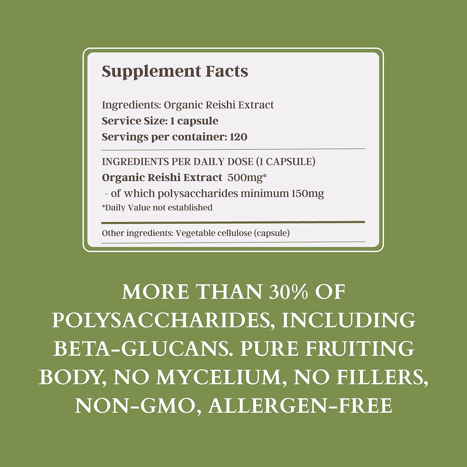 Reishi Mushroom Supplement, 500mg, 120 Vegecaps - Pure Fruiting Body Extract with 30% Polysaccharides for Immune and Liver Health