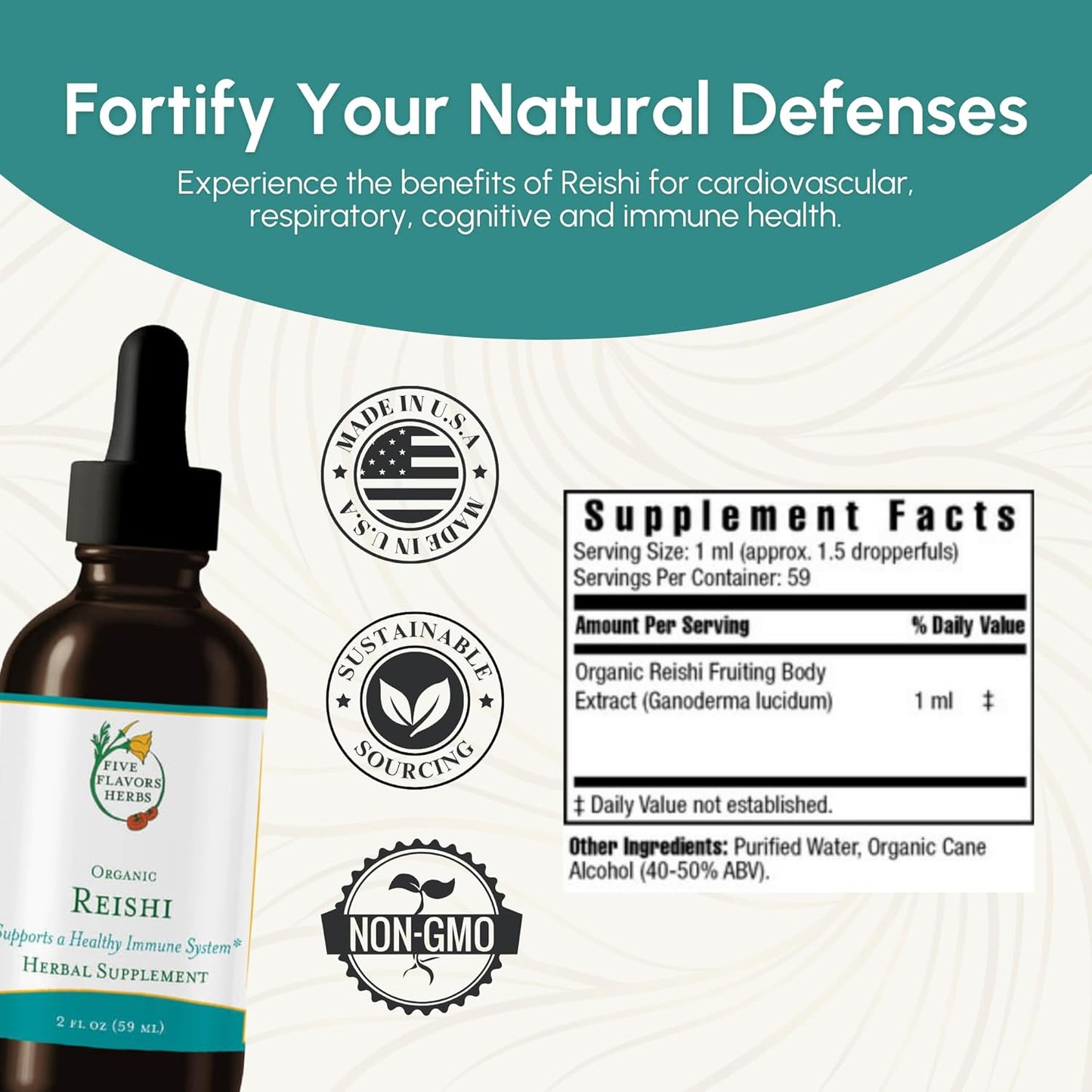 Reishi Tincture Herbal Supplement for Nervous, Immune, Respiratory, Cardiovascular & Metabolic Health - 2 Fl Oz