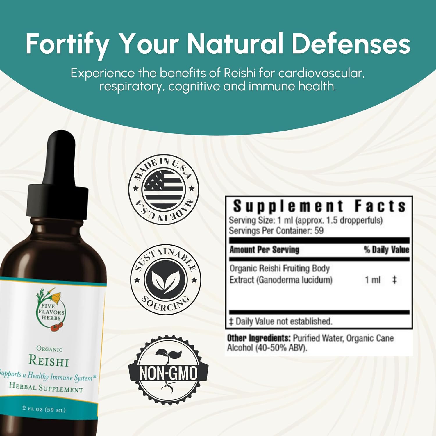 Reishi Tincture Herbal Supplement for Nervous, Immune, Respiratory, Cardiovascular & Metabolic Health - 2 Fl Oz