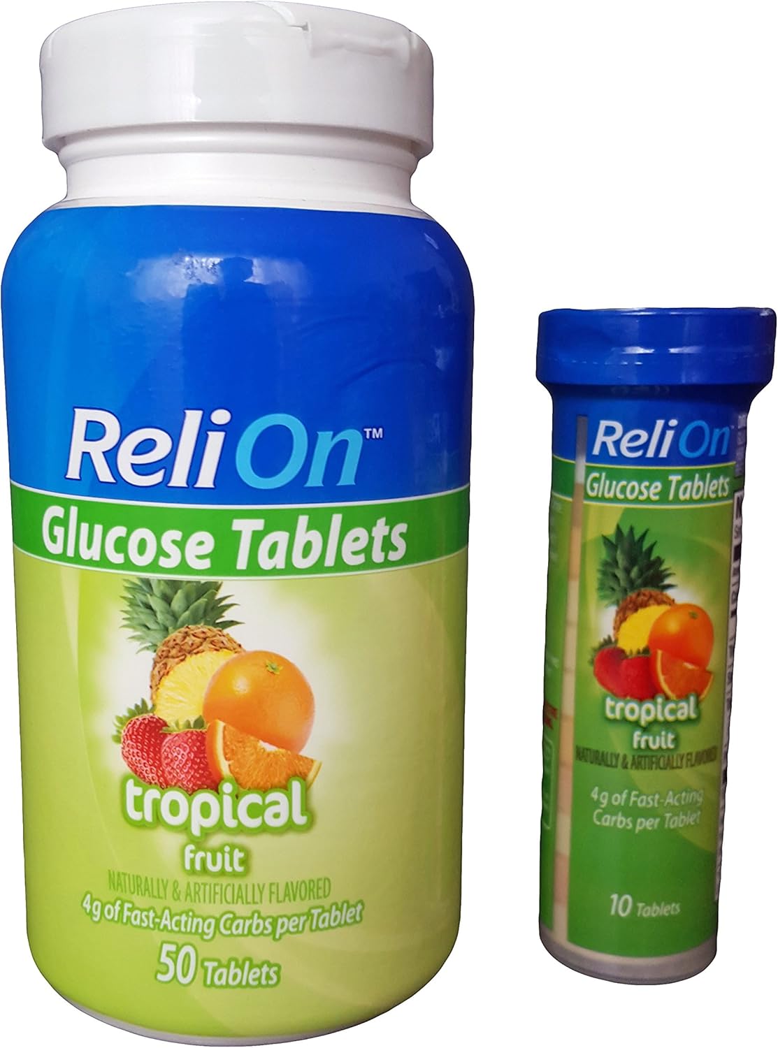 ReliOn Glucose Tablets - 50 Count with On-The-Go Tube, 10 Count (Tropical Fruit Flavor)
