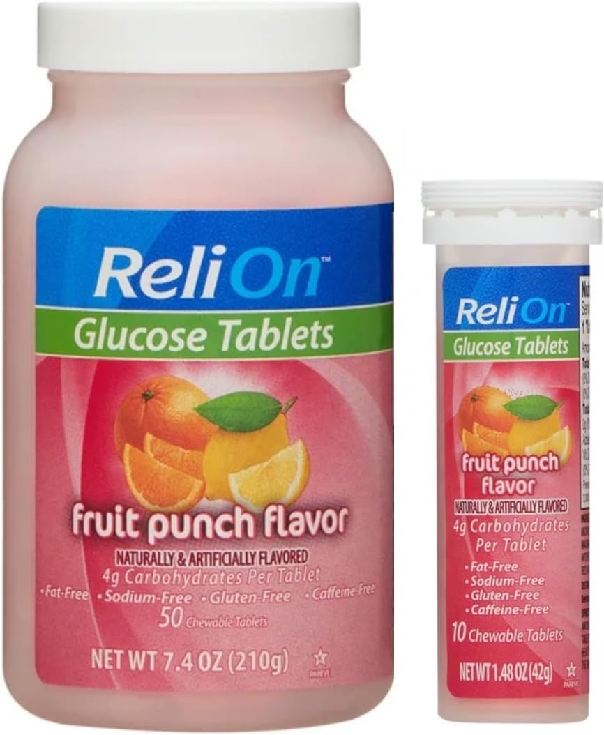 ReliOn Glucose Tablets - Fruit Punch Flavor - 50 Tablets with On-The-Go Tube, Bonus 10 Tablets