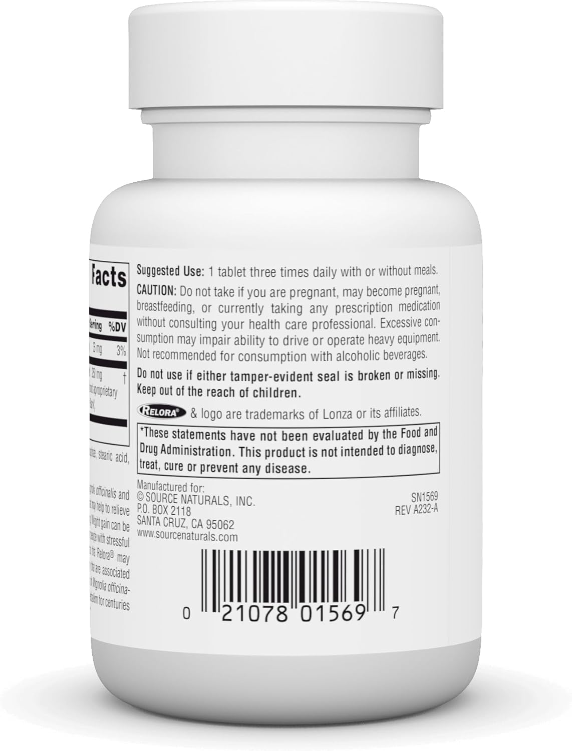 Relora 250mg Tablets for Healthy Eating Behavior and Muscle Relaxation Support - 90 Count by Source Naturals