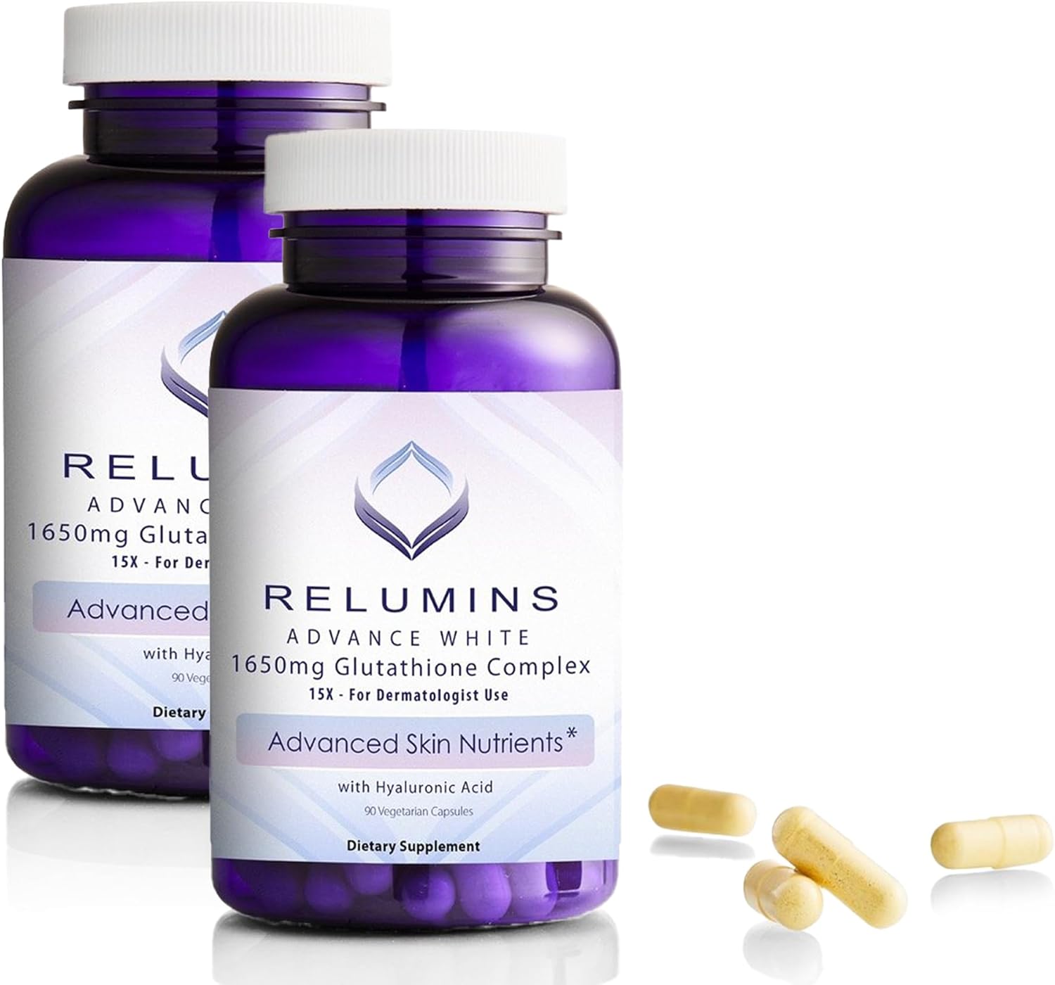 Relumins 1650mg Glutathione Complex Supplement with Hyaluronic Acid & Antioxidants - 180 Veggie Capsules