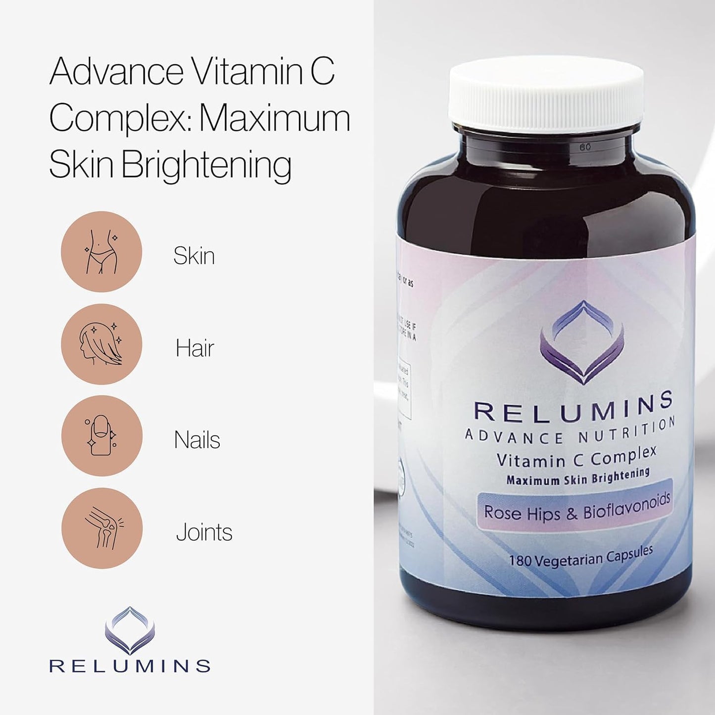 Relumins Advanced Vitamin C Supplement with Rose HIPS & Bioflavonoids - MAX Skin Brightening Complex, 1000mg VIT C, 180 Capsules - 1 Bottle