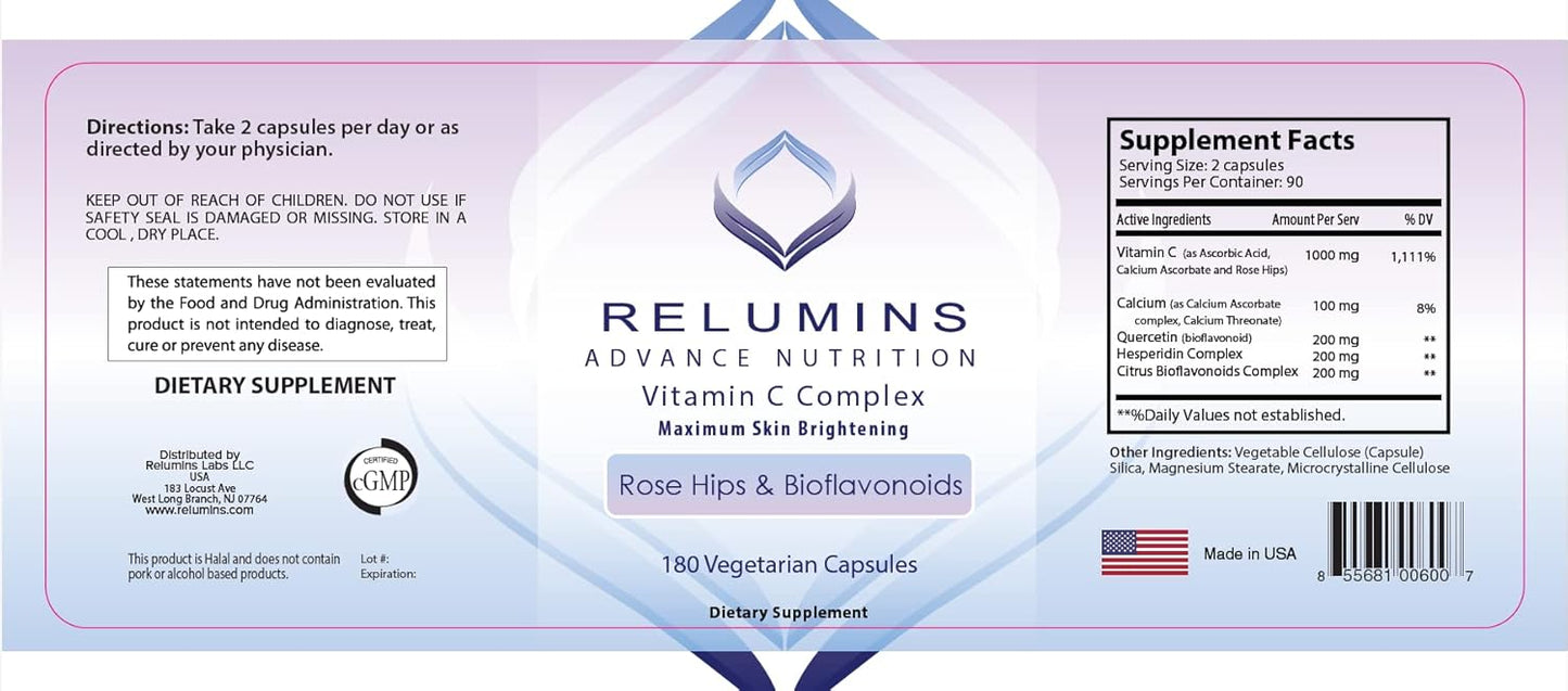 Relumins Advanced Vitamin C Supplement with Rose HIPS & Bioflavonoids - MAX Skin Brightening Complex, 1000mg VIT C, 180 Capsules - 1 Bottle