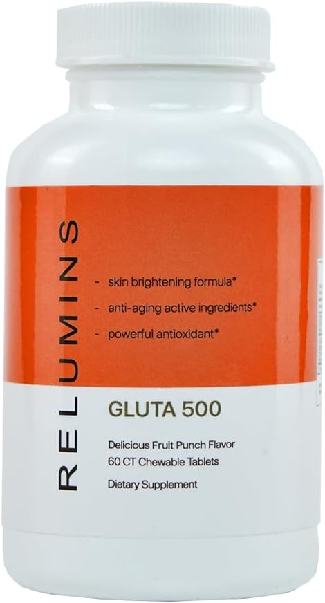 Relumins Gluta 500 Chewable Sublime Wall Complex with Hyaluronic Acid, Vitamin C, Biotin - Fruit Punch Flavor - 60 Count