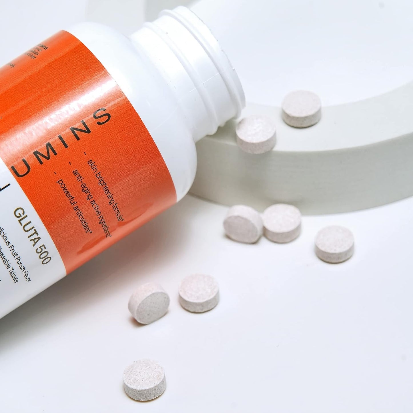 Relumins Gluta 500 Chewable Sublime Wall Complex with Hyaluronic Acid, Vitamin C, Biotin - Fruit Punch Flavor - 60 Count