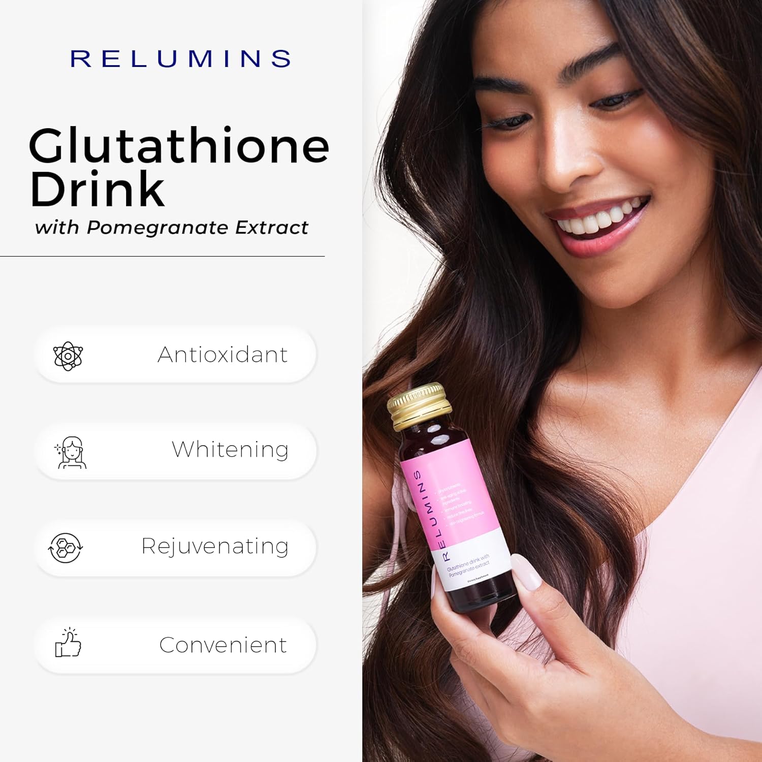 Relumins Glutathione Drink Pomegranate Flavor - Enhances Skin Brightness, Collagen Production, and Moisture - 20 Bottles x 50mL Gluta Shot
