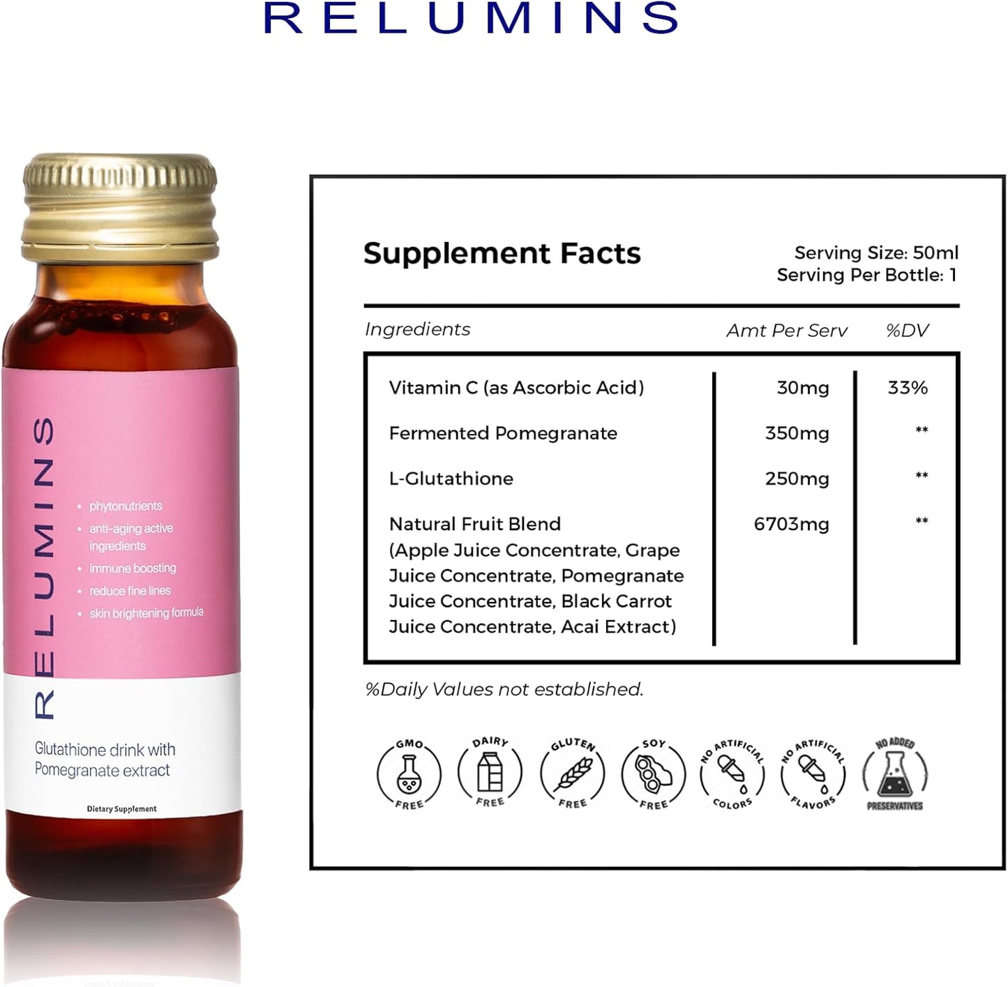 Relumins Glutathione Drink Pomegranate Flavor - Enhances Skin Brightness, Collagen Production, and Moisture - 20 Bottles x 50mL Gluta Shot