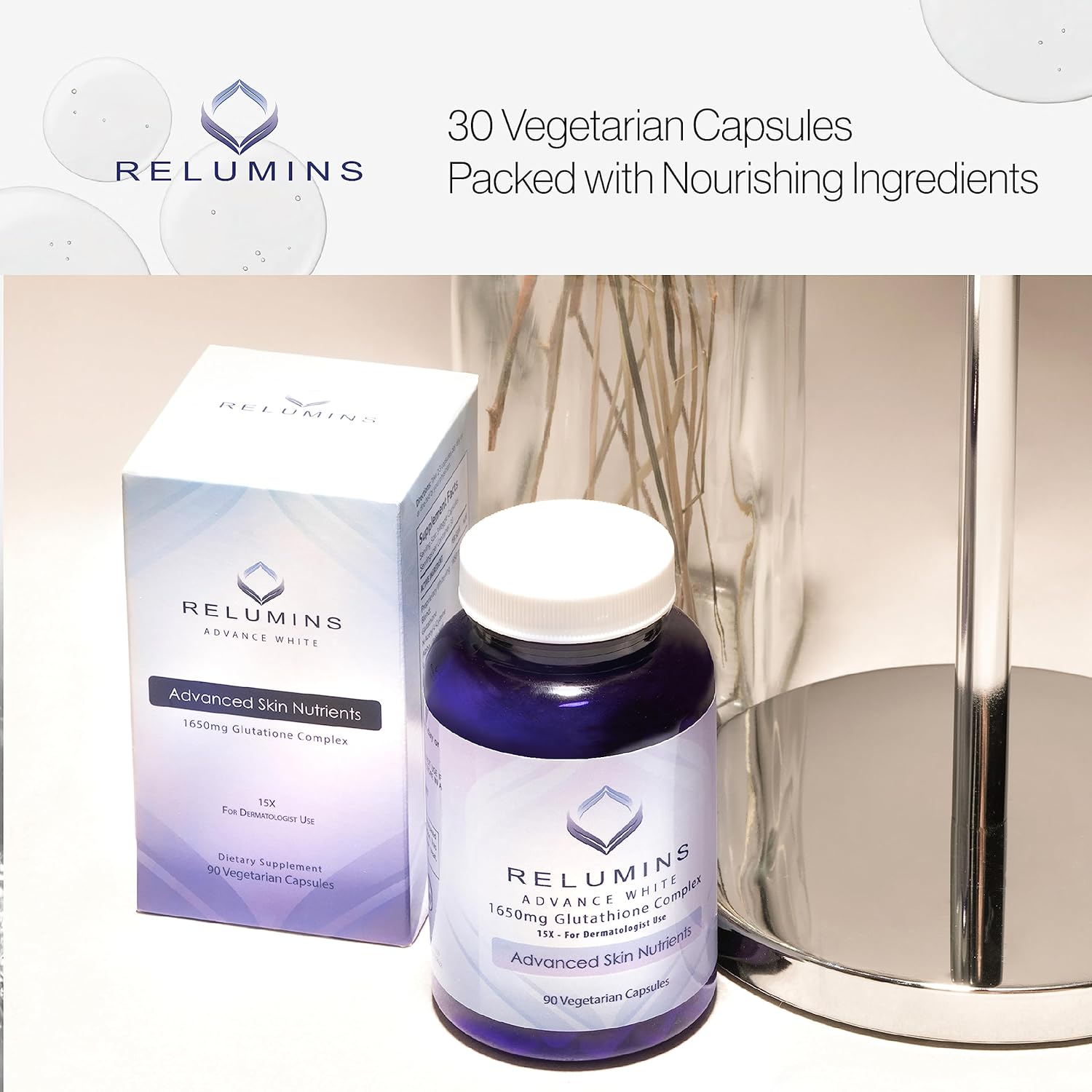 Relumins Glutathione Supplement - 1650mg Reduced Glutathione Complex with Alpha Lipoic Acid, Rose HIPS, Riboflavin, & Vitamin E - 90 Veggie Capsules - Proprietary Blend