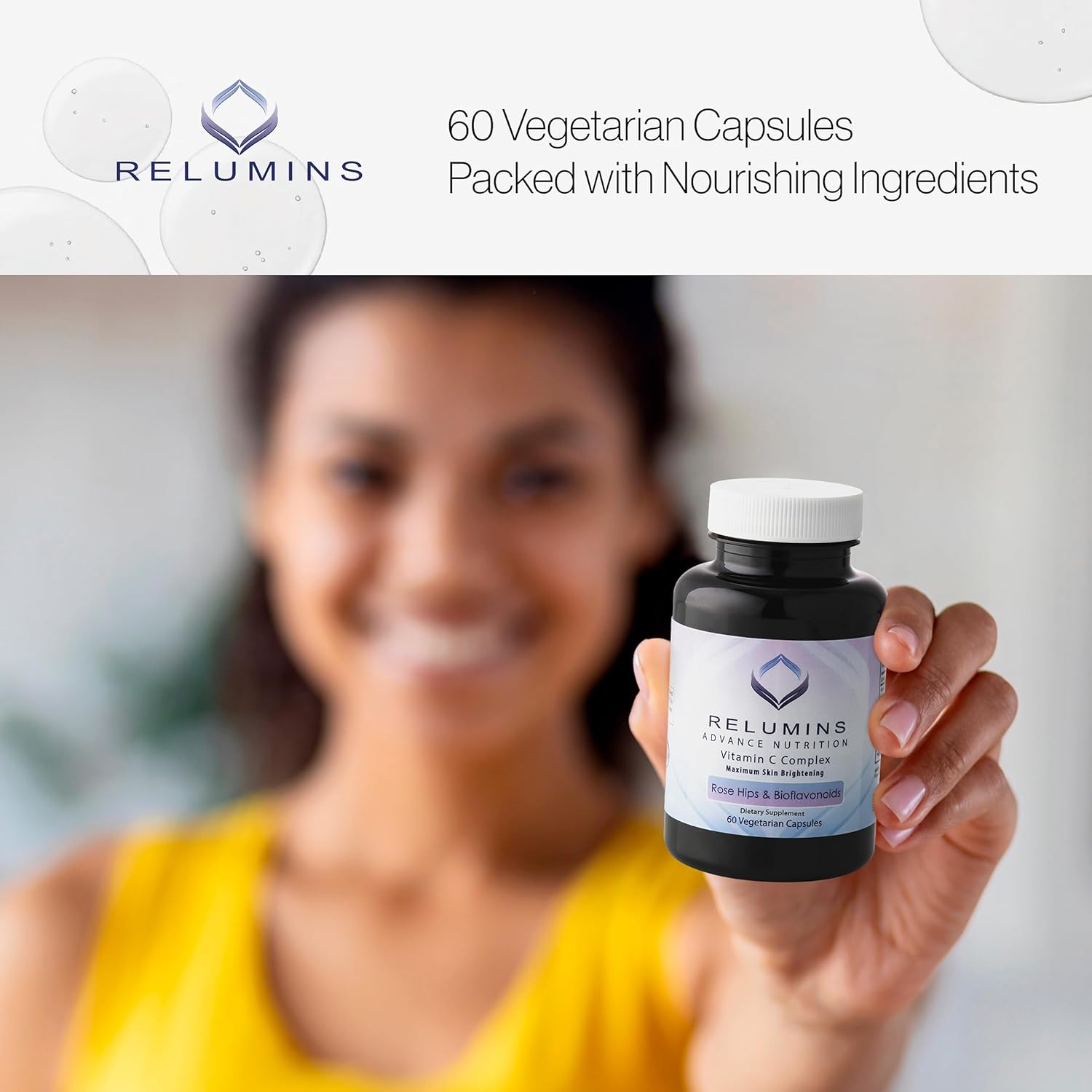 Relumins Maximum Skin Brightening Vitamin C Supplement - 1000mg VIT C with Rose HIPS & Bioflavonoids, 60 Vegetarian Capsules
