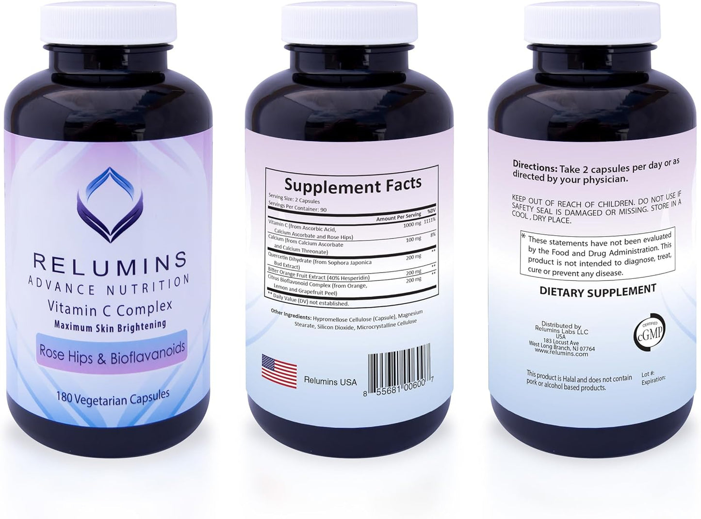Relumins Maximum Skin Brightening Vitamin C Supplement - 1000mg VIT C with Rose HIPS & Bioflavonoids, 60 Vegetarian Capsules