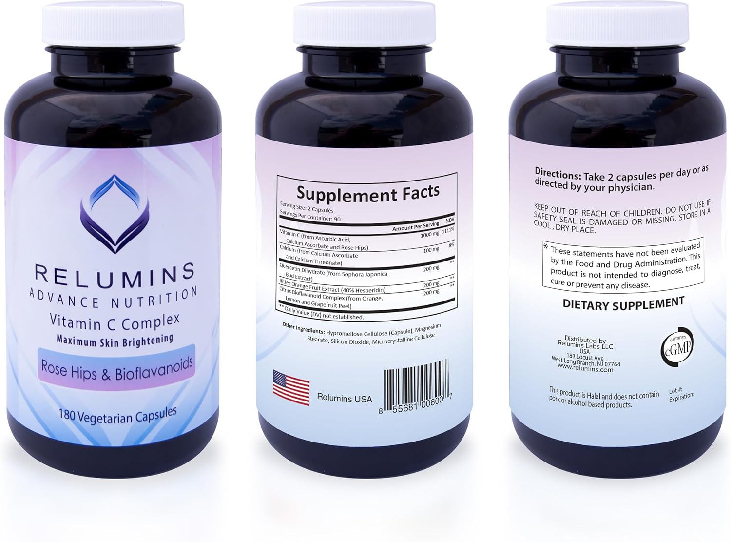 Relumins Maximum Skin Brightening Vitamin C Supplement - 1000mg VIT C with Rose HIPS & Bioflavonoids, 60 Vegetarian Capsules