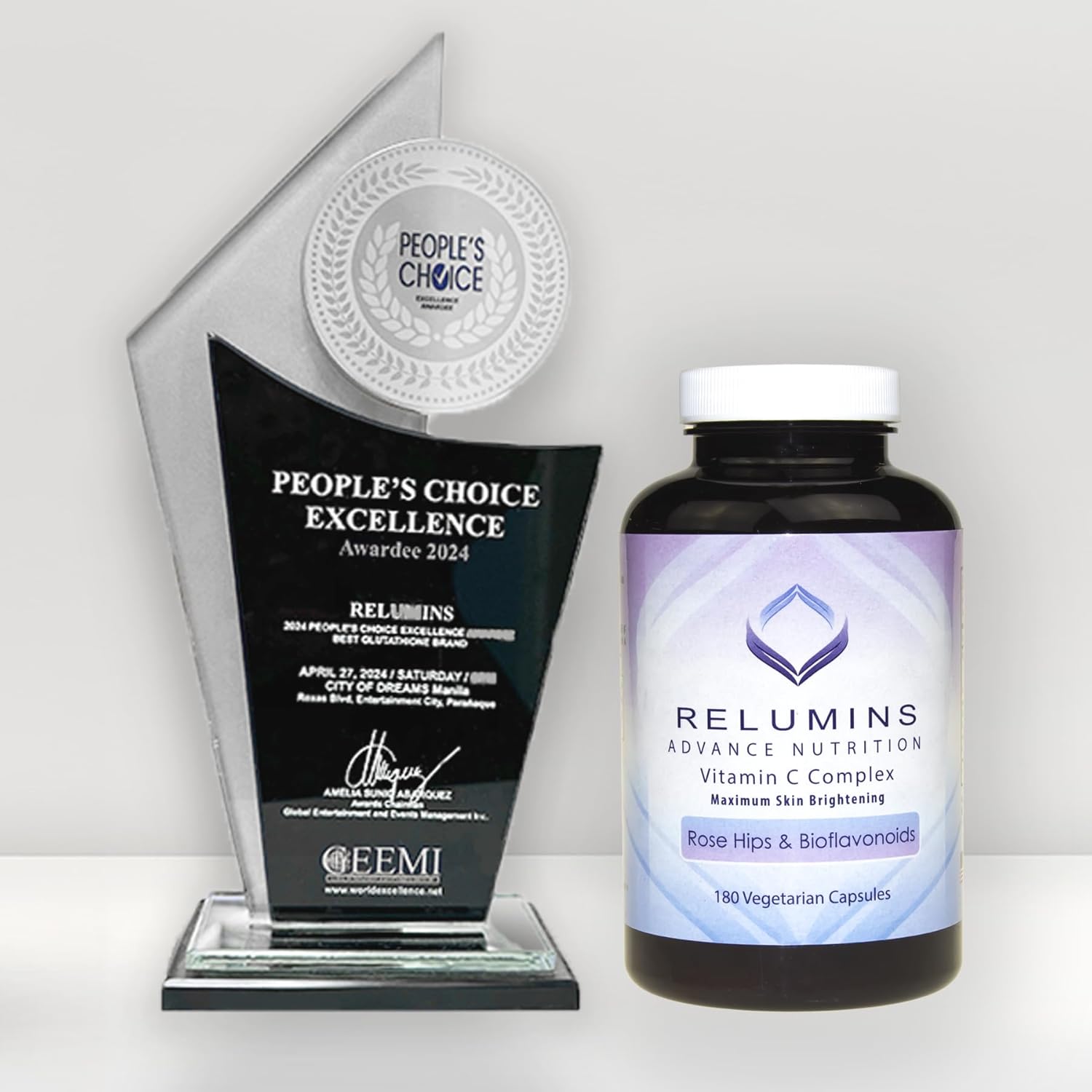 Relumins Maximum Skin Brightening Vitamin C Supplement - 1000mg VIT C with Rose HIPS & Bioflavonoids, 60 Vegetarian Capsules