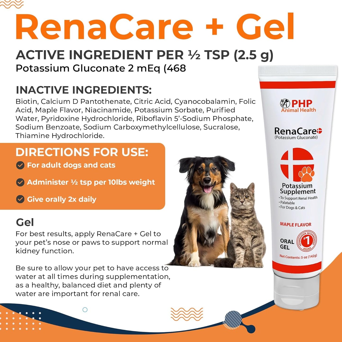 Renal K Potassium Supplement Gel for Dogs and Cats - Maple Flavor - 5 oz - Made in USA