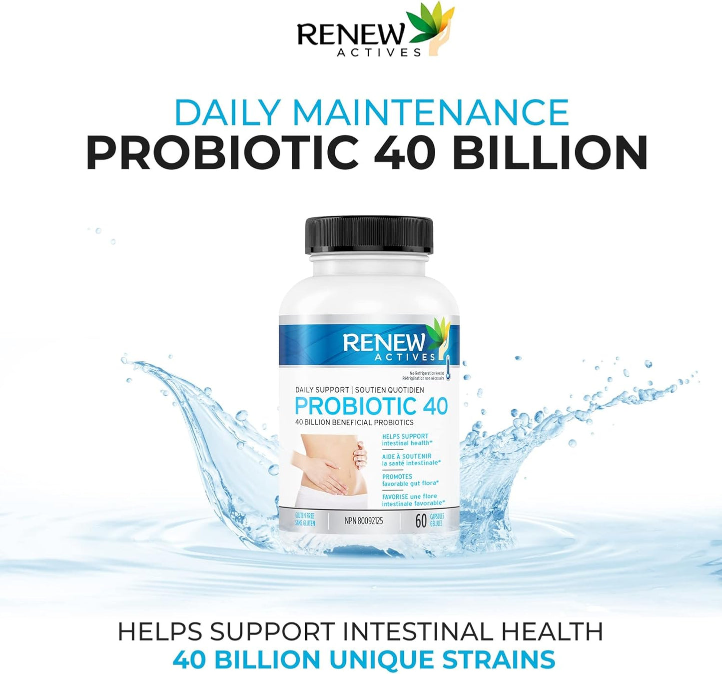 Renew Actives 40 Billion CFU Probiotic Supplement for Digestive Health - Daily Relief for Bloating & Regularity - Double Strength Formula for Men & Women - 60 Capsules