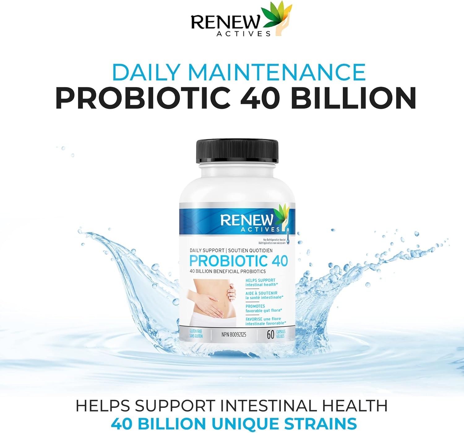 Renew Actives 40 Billion CFU Probiotic Supplement for Digestive Health - Daily Relief for Bloating & Regularity - Double Strength Formula for Men & Women - 60 Capsules
