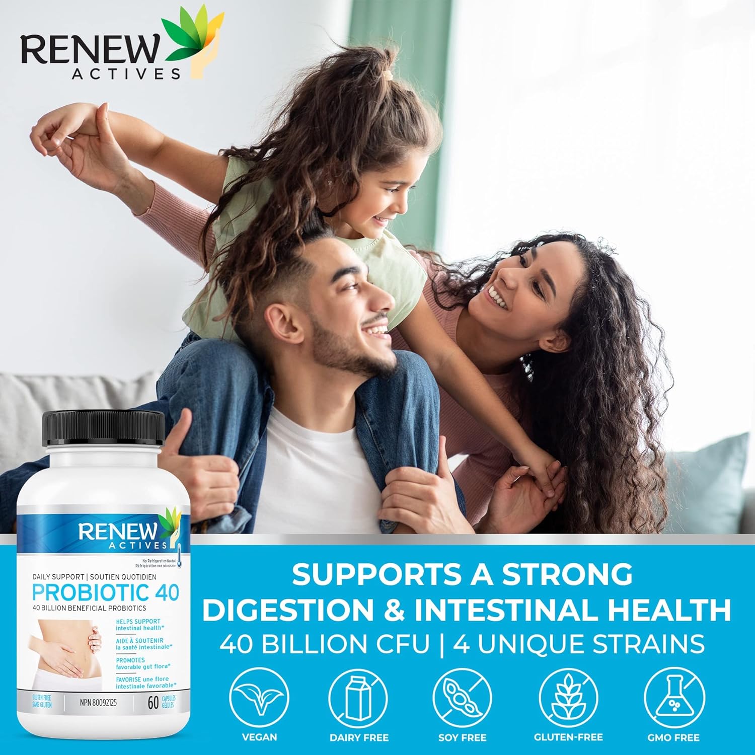 Renew Actives 40 Billion CFU Probiotic Supplement for Digestive Health - Daily Relief for Bloating & Regularity - Double Strength Formula for Men & Women - 60 Capsules