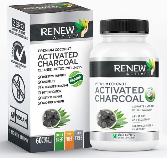 Renew Actives Activated Charcoal Supplement - Natural Digestive Support & Teeth Whitening - 60 Capsules