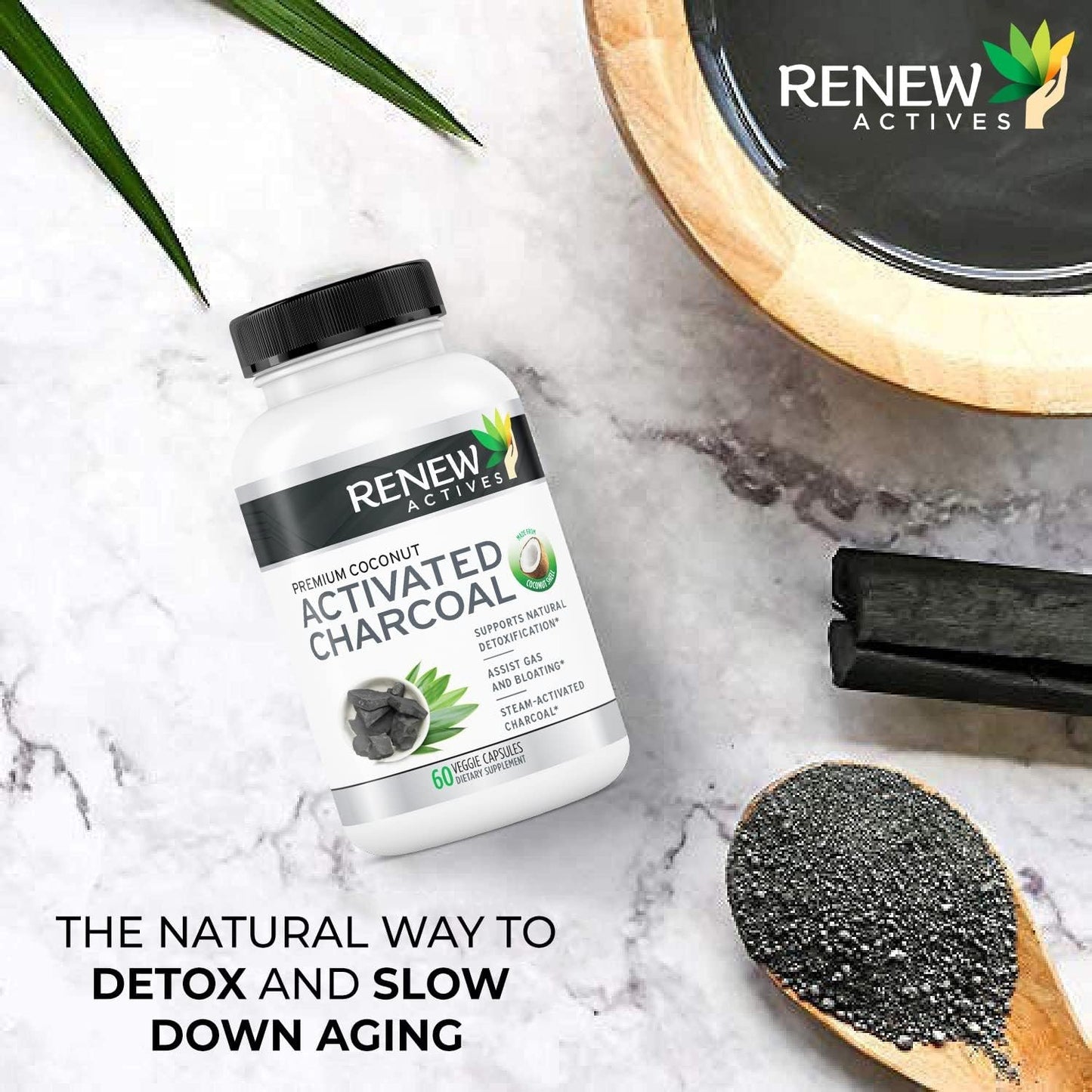 Renew Actives Activated Charcoal Supplement - Natural Digestive Support & Teeth Whitening - 60 Capsules