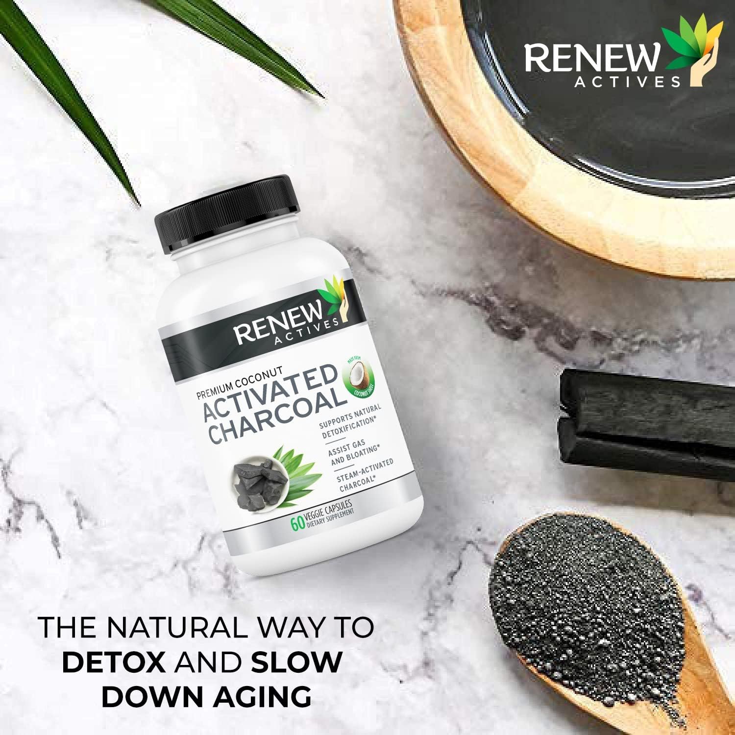 Renew Actives Activated Charcoal Supplement - Natural Digestive Support & Teeth Whitening - 60 Capsules