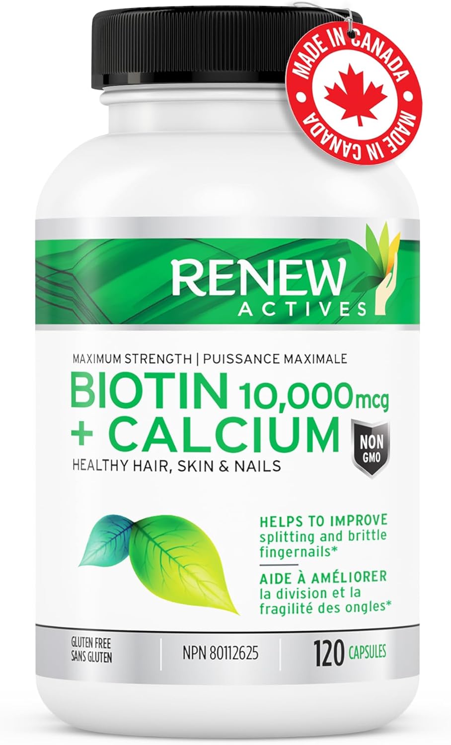 Renew Actives Biotin & Calcium 10000mcg Capsules for Hair, Nail, Skin - Supports Bone, Teeth Health - Prevents Deficiency, Boosts Wellness - 120ct