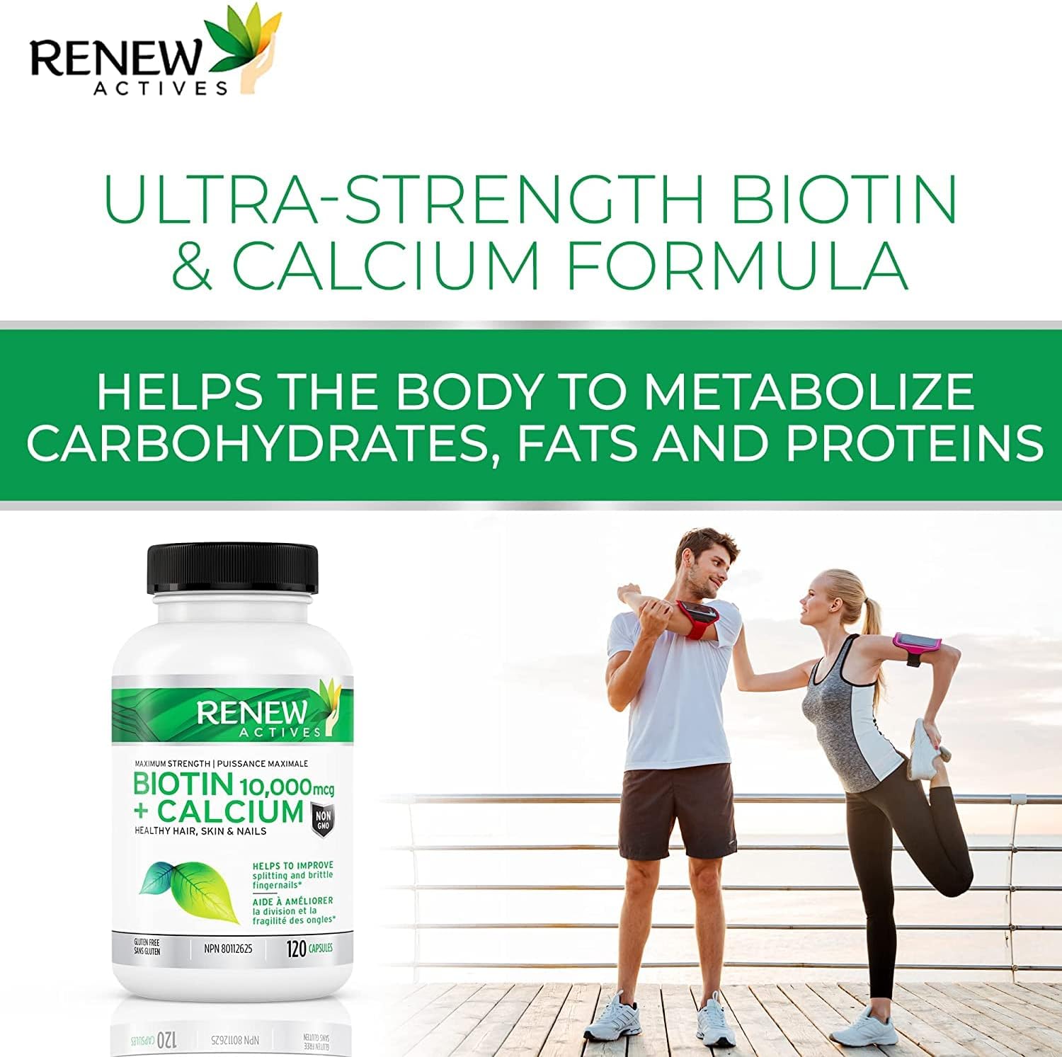 Renew Actives Biotin & Calcium 10000mcg Capsules for Hair, Nail, Skin - Supports Bone, Teeth Health - Prevents Deficiency, Boosts Wellness - 120ct