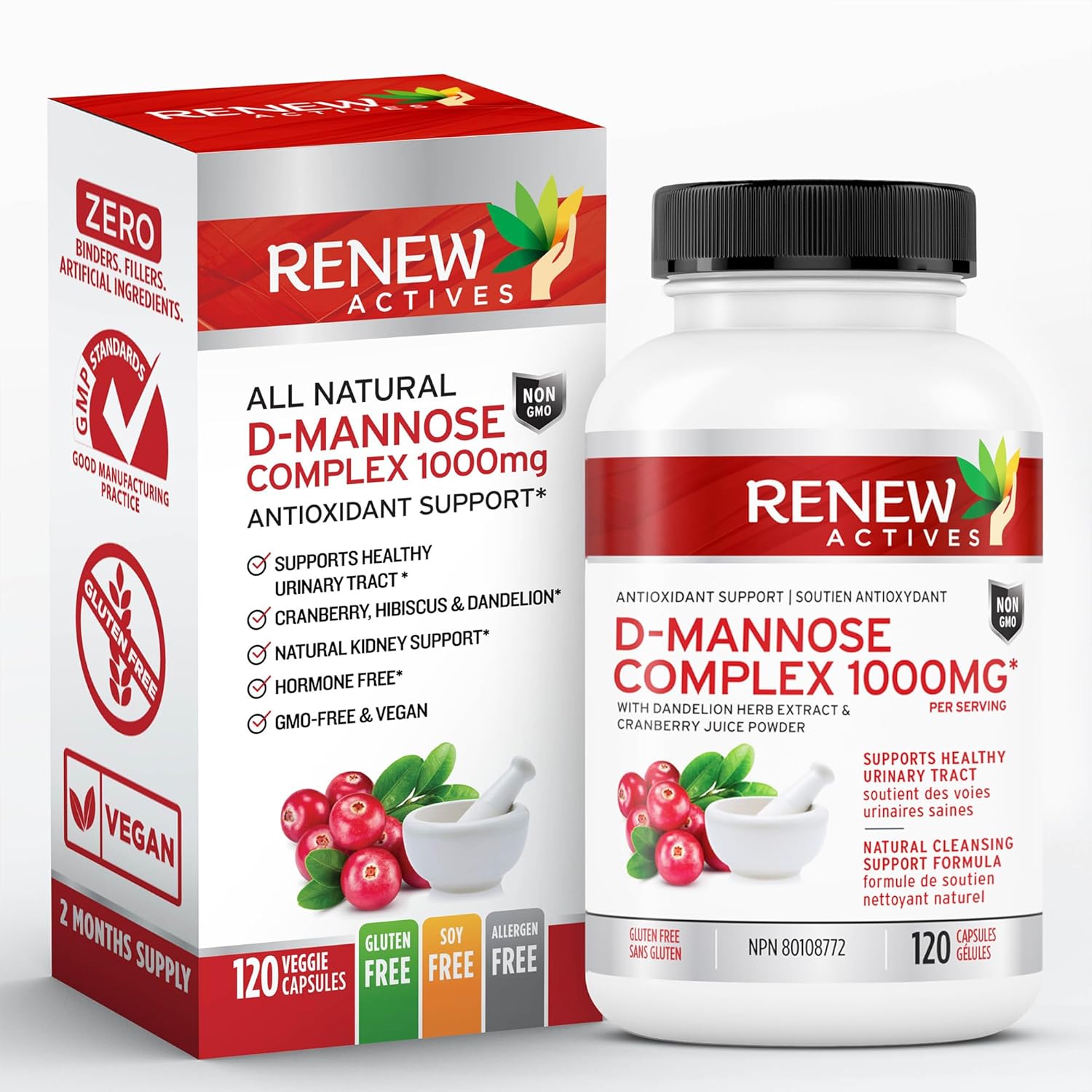 Renew Actives D-Mannose & Cranberry Complex 1000MG with Hibiscus & Dandelion Extracts - Antioxidant Blend - 120 Capsules