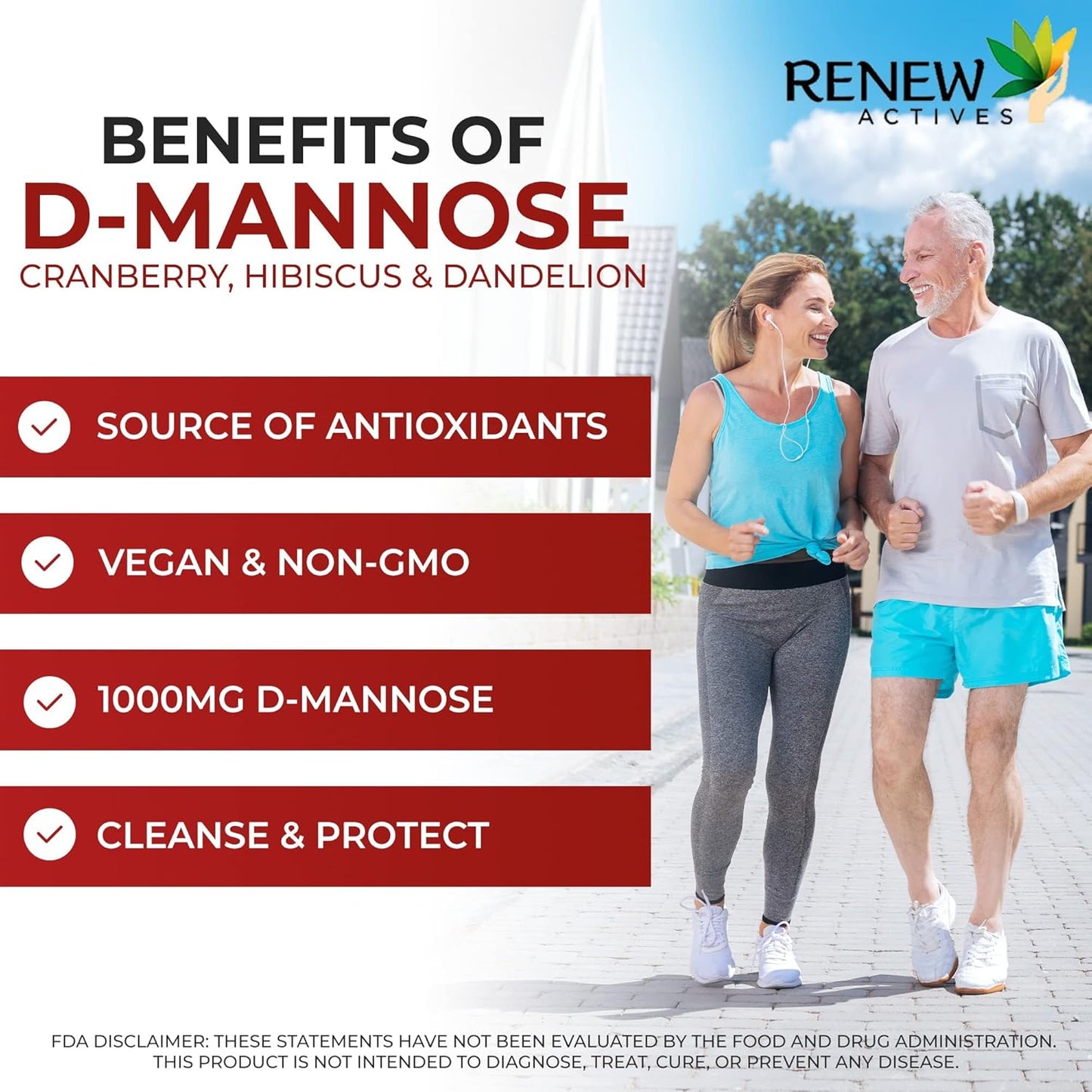 Renew Actives D-Mannose & Cranberry Complex 1000MG with Hibiscus & Dandelion Extracts - Antioxidant Blend - 120 Capsules
