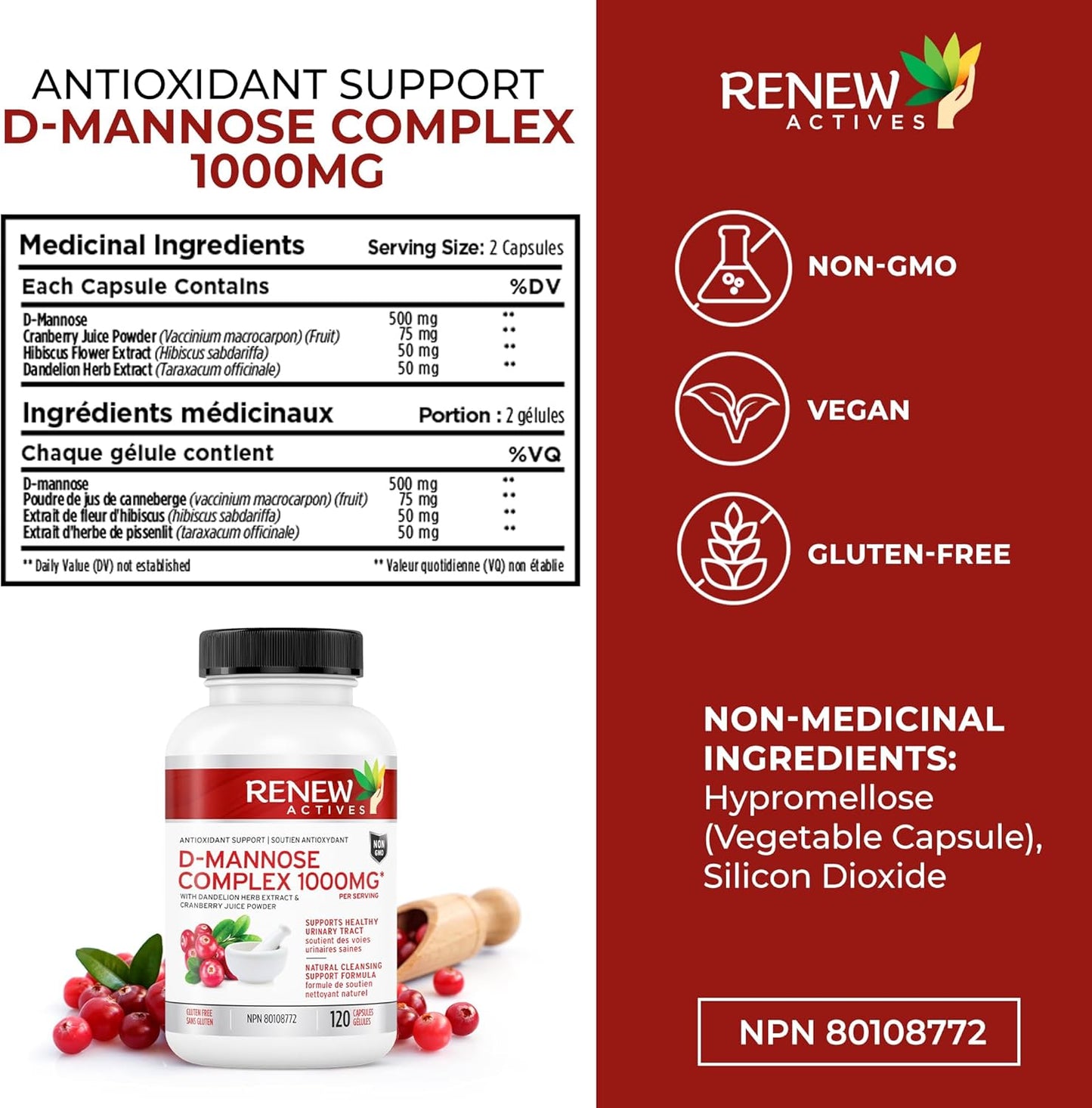 Renew Actives D-Mannose & Cranberry Complex 1000MG with Hibiscus & Dandelion Extracts - Antioxidant Blend - 120 Capsules