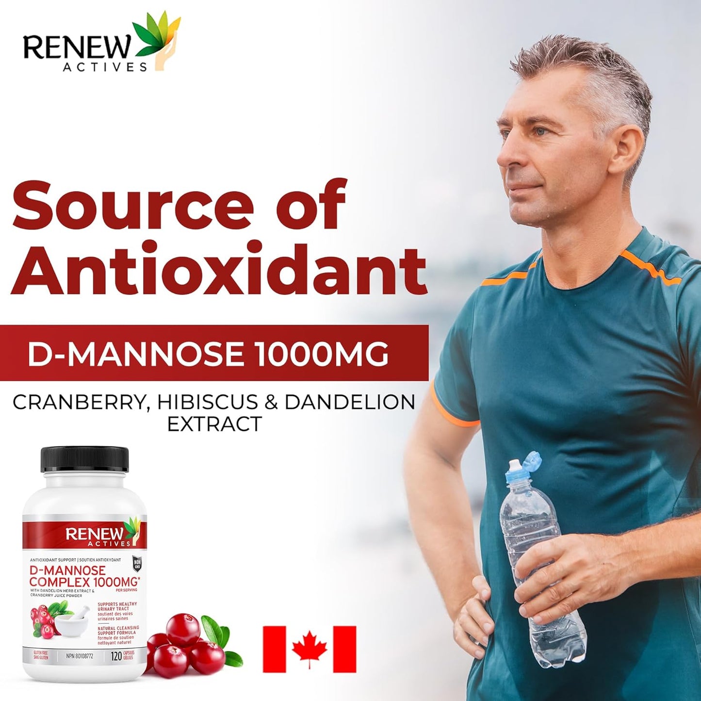 Renew Actives D-Mannose & Cranberry Complex 1000MG with Hibiscus & Dandelion Extracts - Antioxidant Blend - 120 Capsules