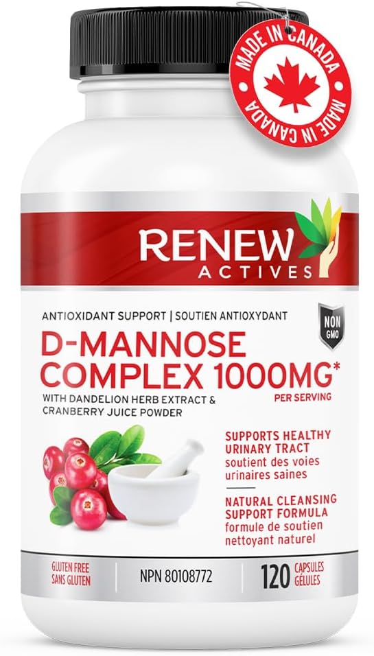 Renew Actives D-Mannose & Cranberry Complex 1000MG with Hibiscus & Dandelion Extracts - Antioxidant Blend - 120 Capsules