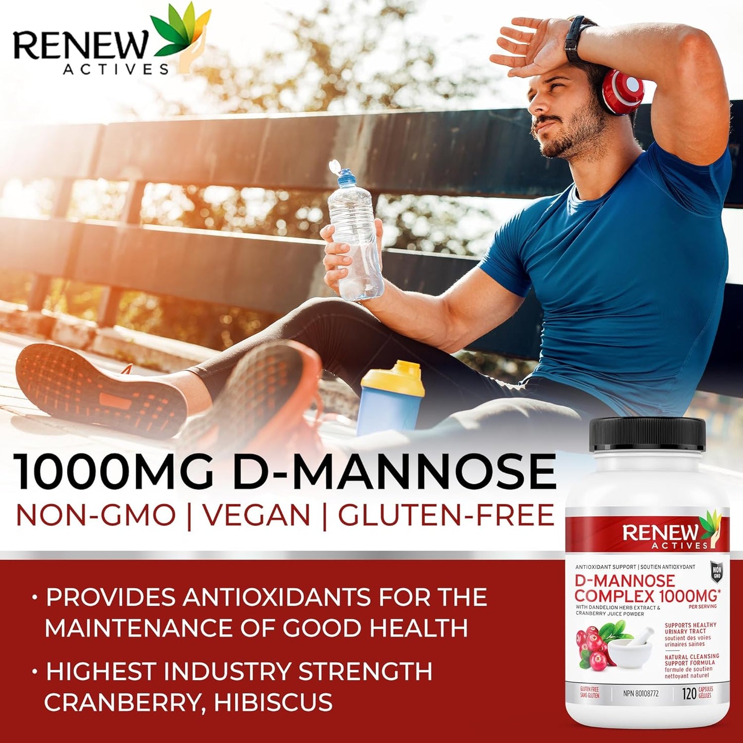 Renew Actives D-Mannose & Cranberry Complex 1000MG with Hibiscus & Dandelion Extracts - Antioxidant Blend - 120 Capsules