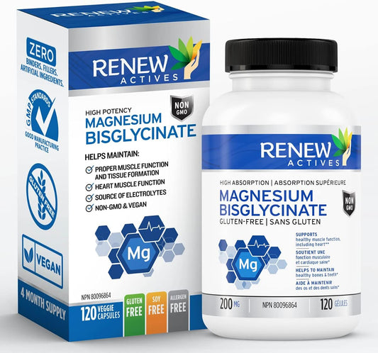 Renew Actives Magnesium Glycinate Supplement: 200 mg Pure Magnesium Bisglycinate Capsules for Relaxation, Sleep, Muscles, Bones, Energy - Electrolyte Balance & Overall Health Support